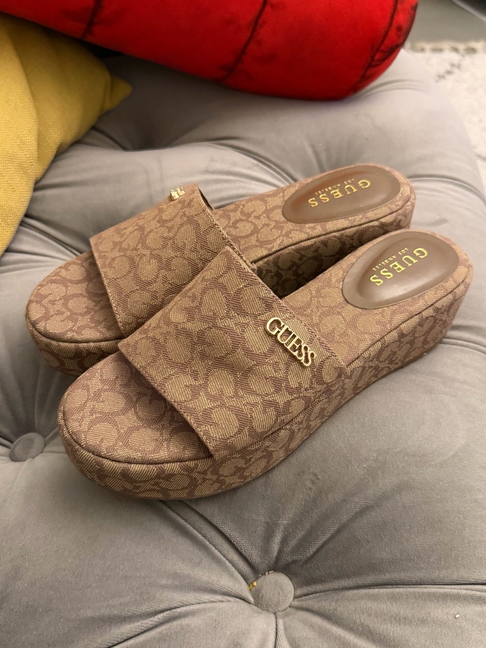 GUESS Brown Logo Platform Slide Mules